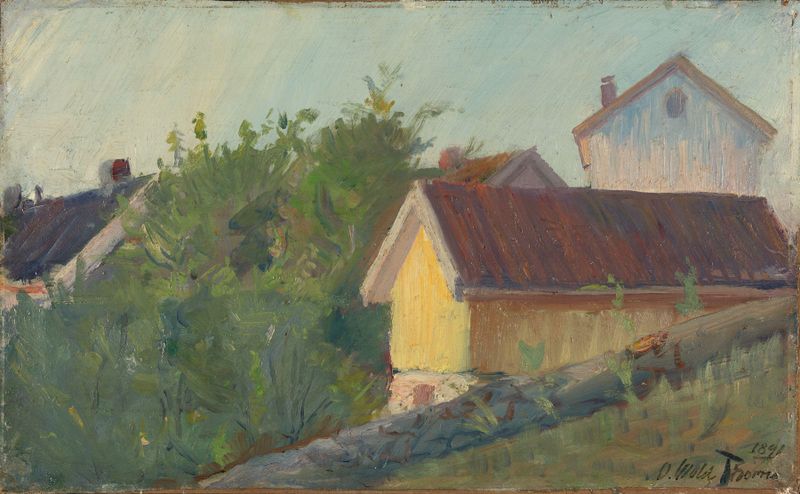 Houses in Son by Oluf Wold-Torne, oil painting depicting a serene landscape with light and shadows.