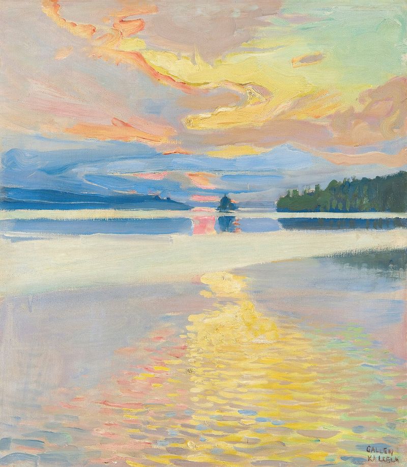 Sunset Over Lake Ruovesi by Akseli Gallen-Kallela, oil painting depicting a vibrant sunset over a lake.