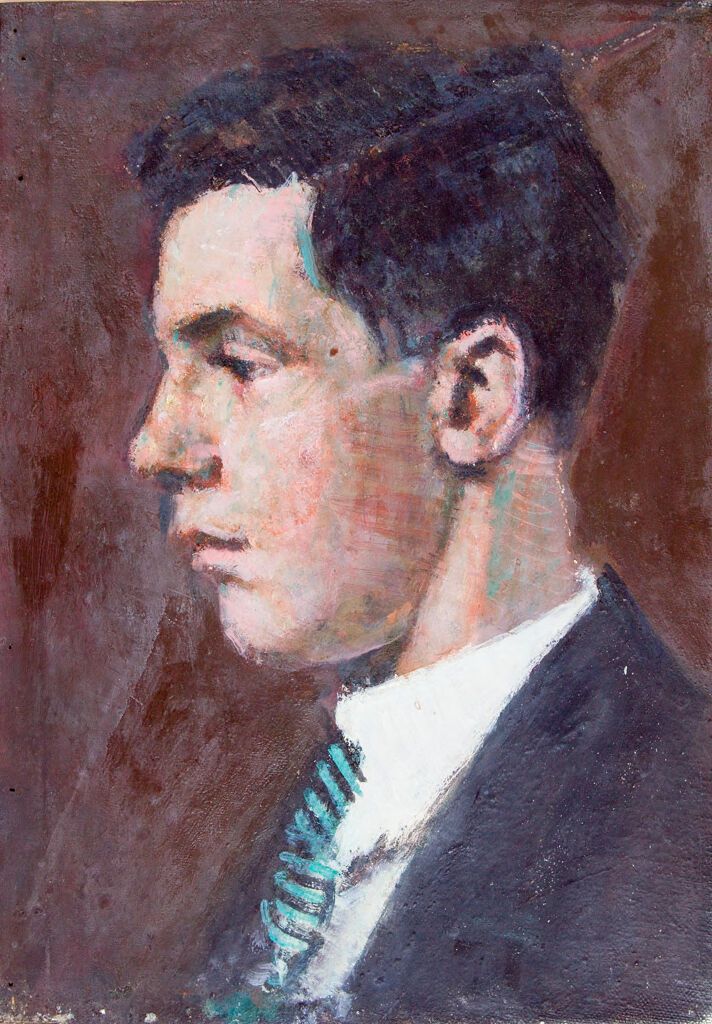 Pintura figurativa a óleo de Denman Waldo Ross com tons de ouro e âmbar