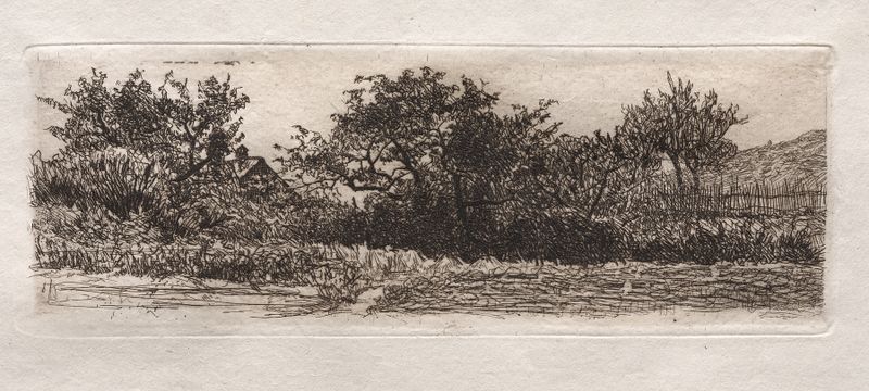 Roofs and Trees, acuarela sobre papel de Otto Henry Bacher, que representa árboles y techos bajo una suave luz solar.