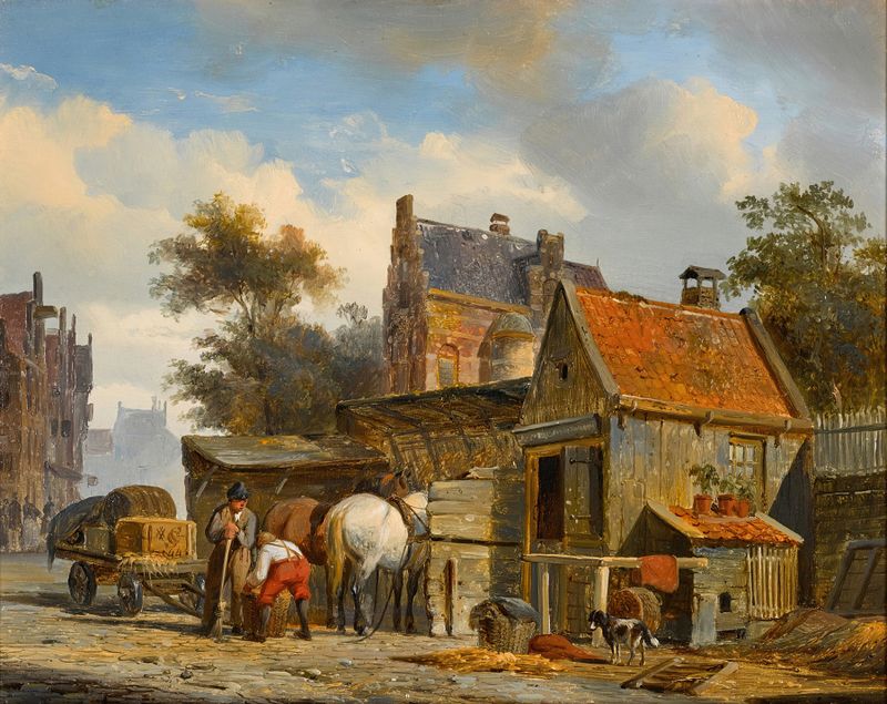 Una escena de calle con un herrero en el trabajo, óleo sobre lienzo de Cornelis Springer