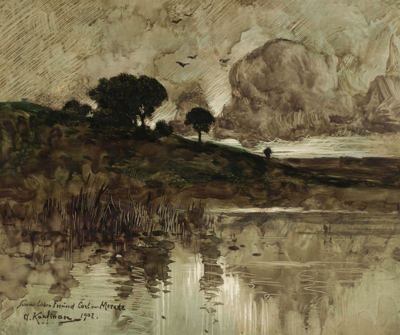 Herbstabend am See by Adolf Kaufmann, oil painting depicting a serene lake at twilight