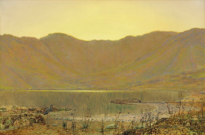 Sun-dip, o lar do garça de John Atkinson Grimshaw, pintura a óleo de um rio sereno ao crepúsculo.