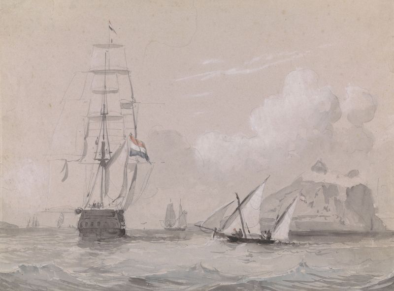 Oil on canvas by Willem Anthonie van Deventer depicting a sailing ship near Gibraltar.