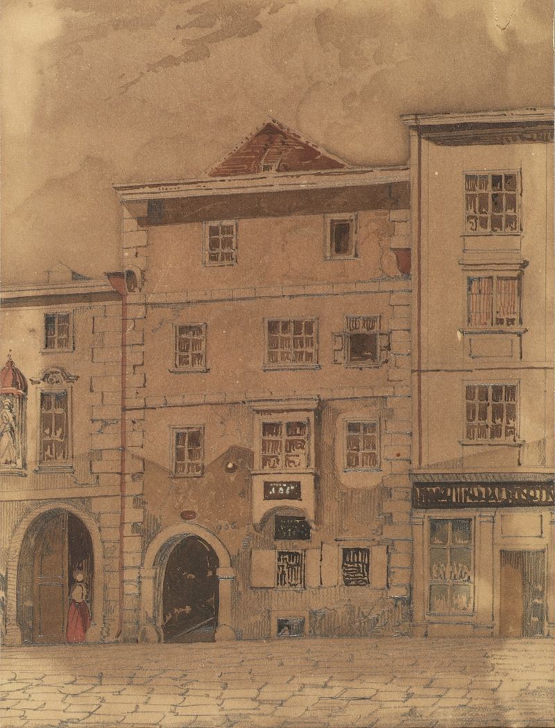 Oil painting by Carl L. Wiesböck depicting a historic building illuminated by warm light.