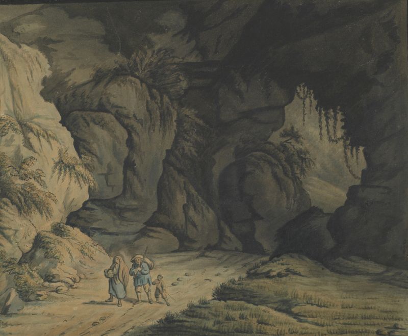 Engraving by Francois Vivares depicting a cave with intricate rock formations and shadows.