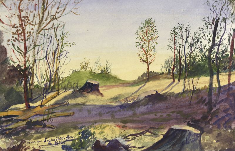 Landschaft bei Sieghartskirchen de Oskar Laske, óleo sobre lienzo que representa un paisaje vibrante.