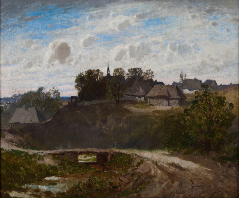 Polish Village de Józef Szermentowski, óleo sobre lienzo que muestra aldeanos en un paisaje rural.