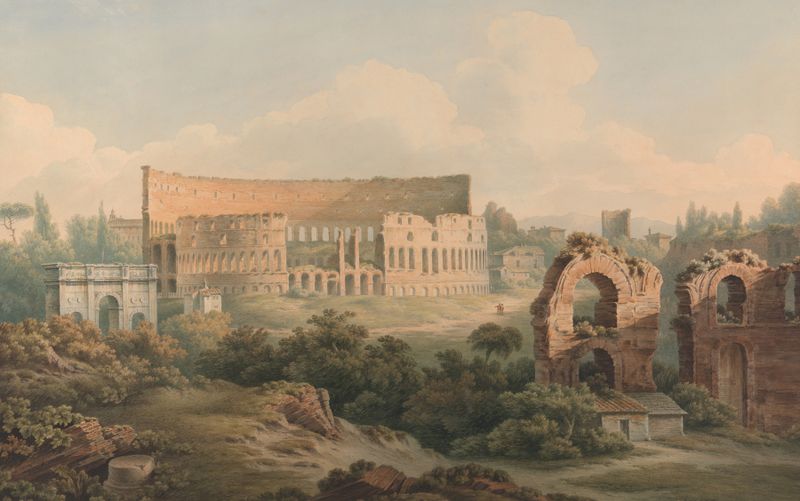 Watercolour by John Warwick Smith depicting the Colosseum, Rome at sunset