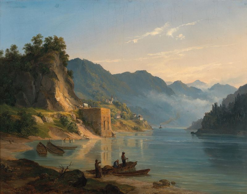 Landscape with river and golden light, oil painting by Ludwig Halauska, 1851