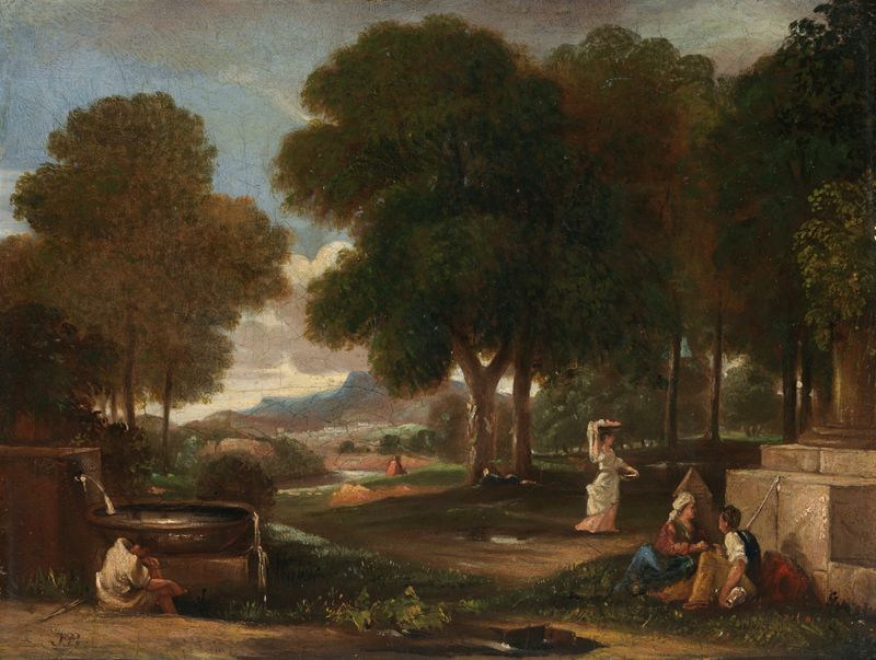 Paisaje rococó con un hombre lavándose los pies en una fuente de James Barry