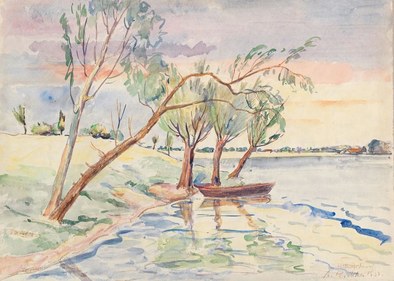 Hutweiden by Anton Emanuel Peschka, oil on canvas depicting a vibrant landscape with grass and hues.