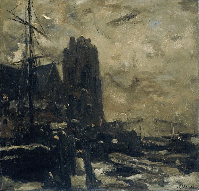 Dordrecht bij avond by Jacob Maris, oil on canvas depicting a twilight river scene with city reflections.