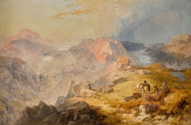 Landscape of lakes and hills in oil on canvas by James Baker Pyne