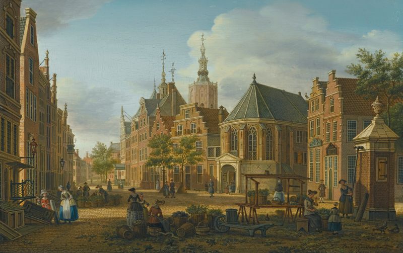 Landscape of Groenmarkt in The Hague, oil on canvas by Paulus Constantijn la Fargue