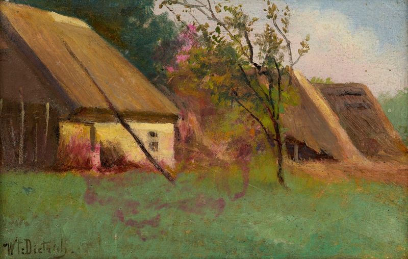 Huts in a village de Bogumin Władysław Dietrich, realismo, que representa un paisaje tranquilo.