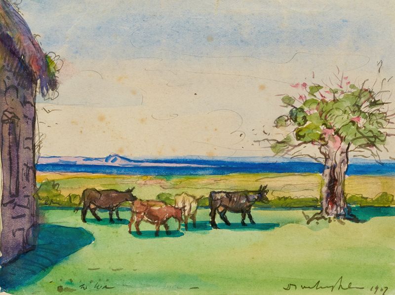 Landscape, Brittany by Donald Shaw MacLaughlan, oil painting depicting cliffs and sea.