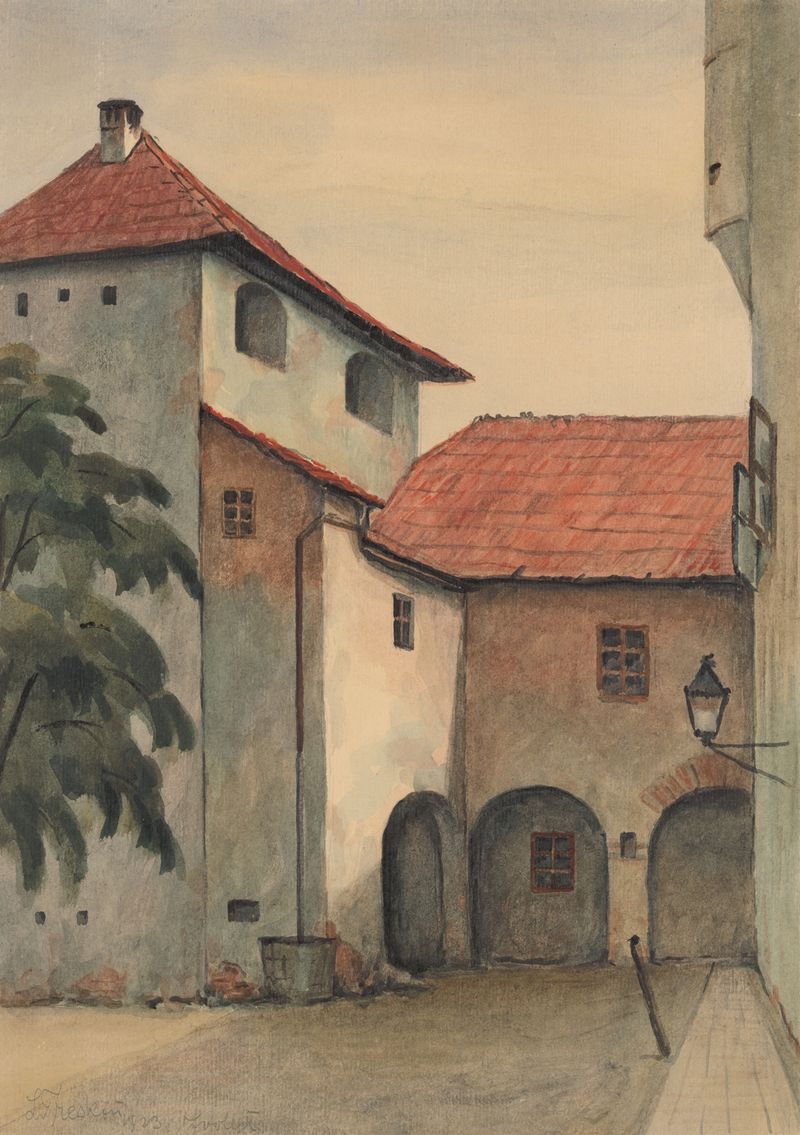 Courtyard in Zvolen by Ladislav Treskoň, oil on canvas, featuring a sunlit pathway and lush foliage.