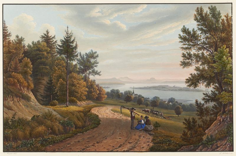 Landscape featuring a lake and island by Johann Heinrich Bleuler