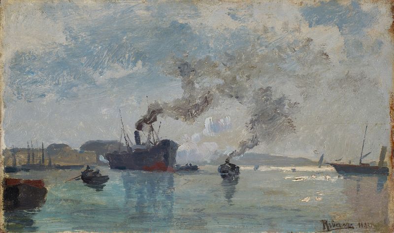 Schiffe im Hafen by Rudolf Ribarz, oil on canvas depicting ships in a harbor
