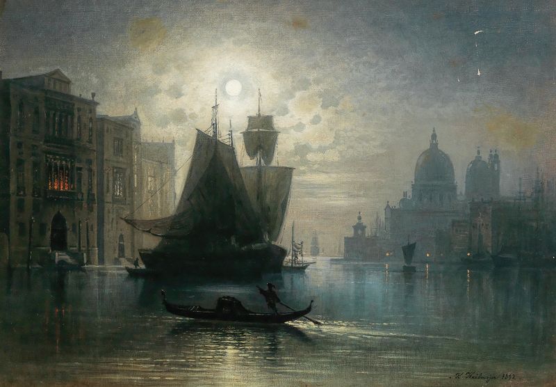 Oil painting by Karl Heilmayer depicting the Grand Canal under moonlight.