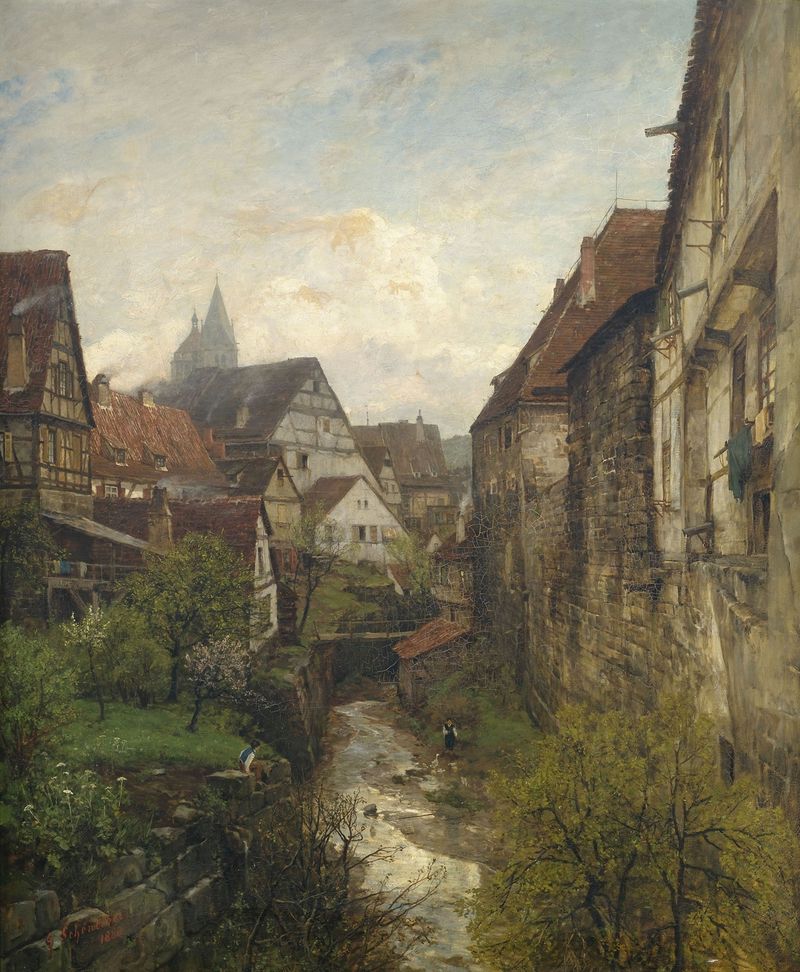 Genre scene with figures conversing in summer, oil painting by Gustav Schönleber