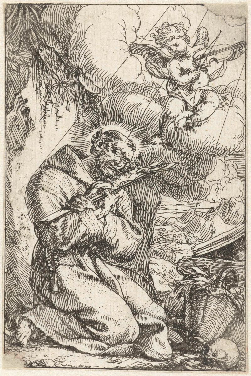 Saint Francis embracing the crucifix in an etching by Jonas Umbach