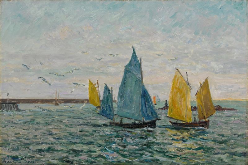Escena marina con barcos pesqueros al atardecer de Maxime Maufra, pintura al óleo