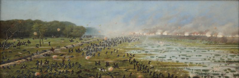 Historical oil painting depicting a chaotic battle scene by Cándido Lopez