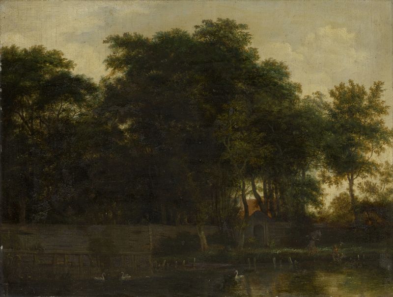 Swan Lake in a Park by Guillam Dubois, oil painting featuring swans and lush foliage.