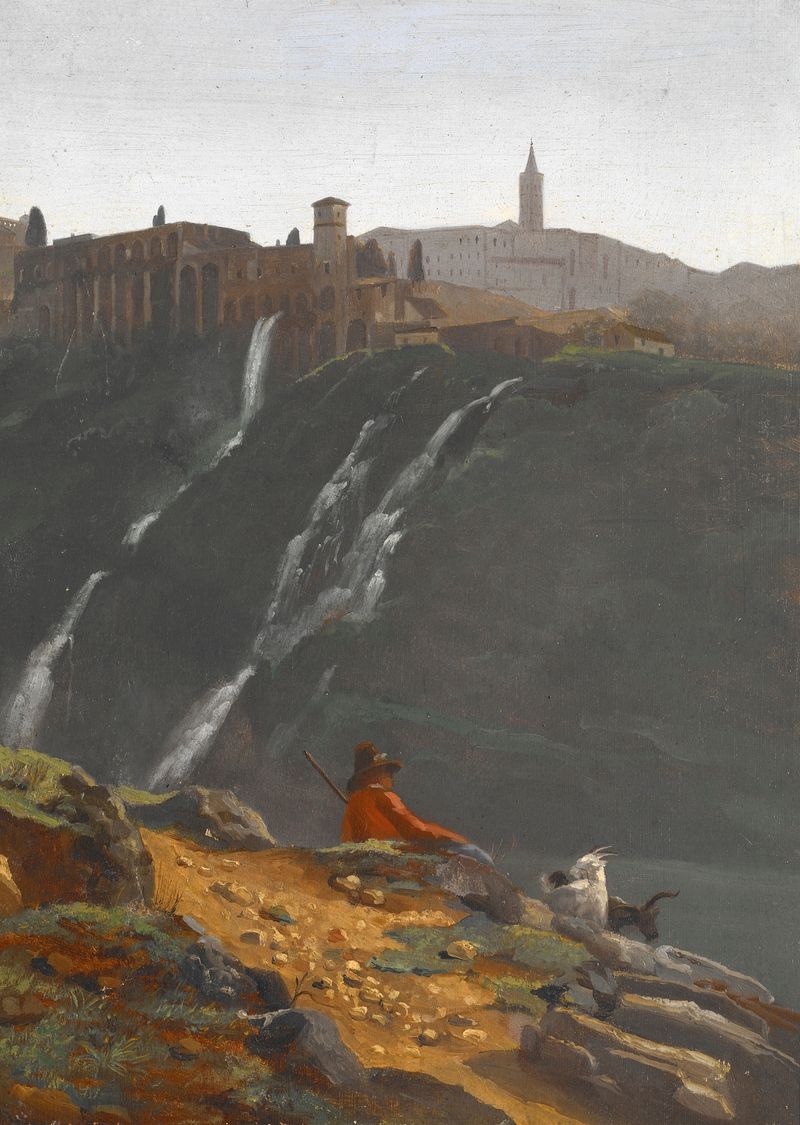 Goatherd Opposite the Falls of Tivoli by Achille Etna Michallon, oil painting depicting a goatherd and waterfall.