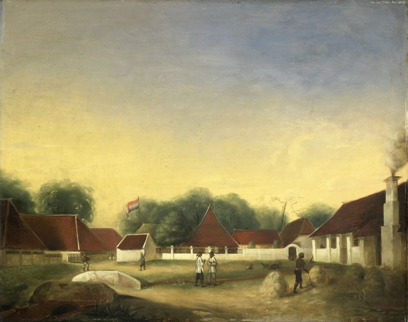 A Sugar Factory on Java, oil on canvas by H.Th. Hesselaar, depicting sugarcane and a factory.