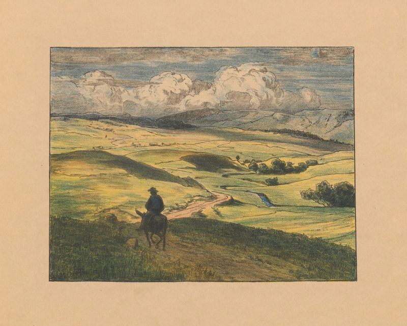 Paisaje con un jinete de burro, óleo sobre lienzo de Hans Thoma