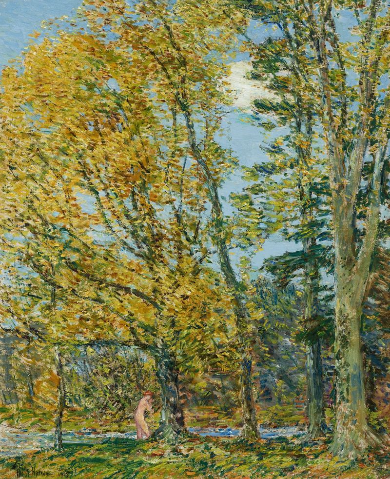 Pintura figurativa a óleo de Childe Hassam representando uma banhista em suaves cores pastel.