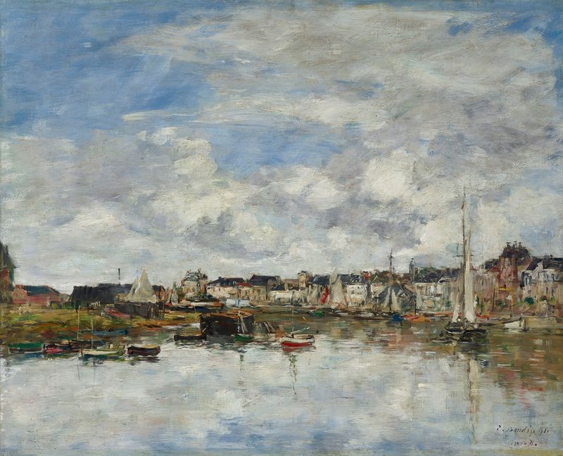 Cena marinha com barcos e reflexos, óleo sobre tela de Eugène Boudin