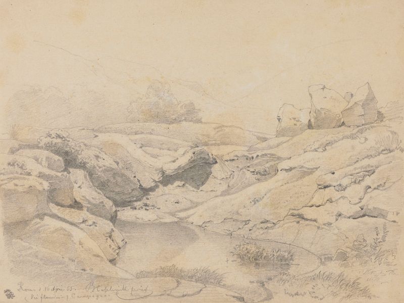 Pond among Rocks, óleo sobre tela de Arthur Blaschnik, com um lago sereno e rochas irregulares.