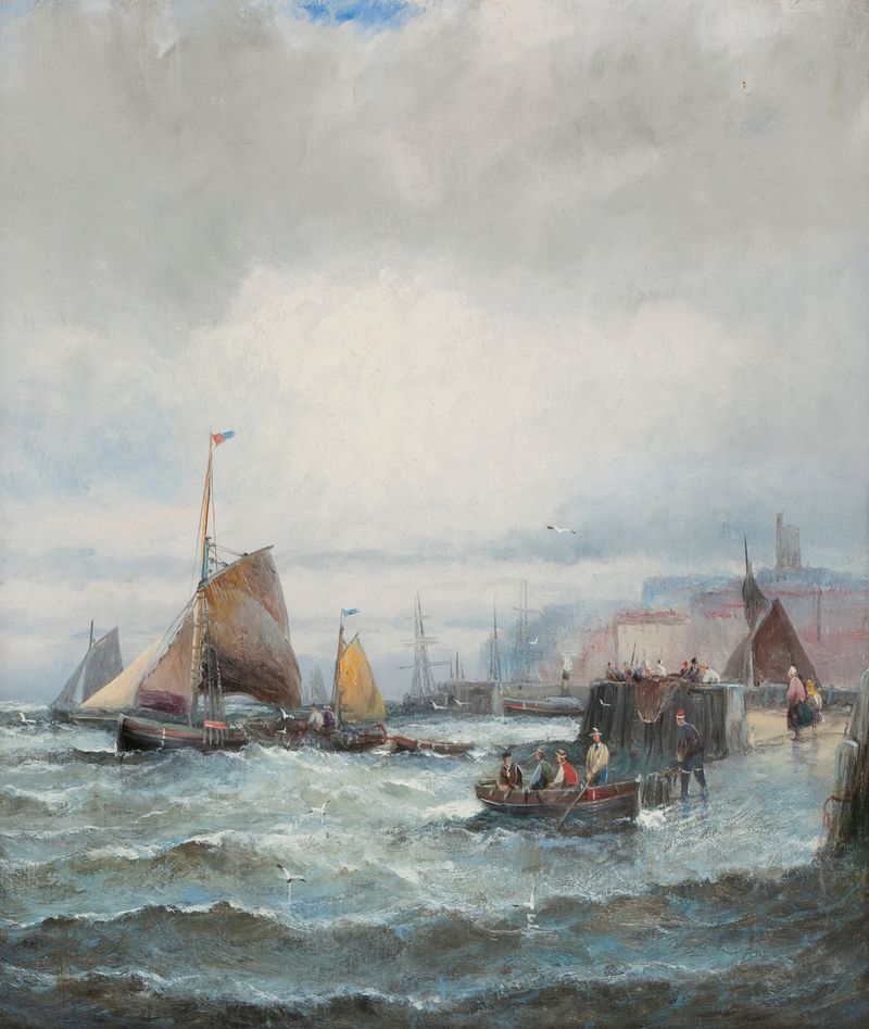 Boats at Whitby Harbour de Charles Anslow Thornley, pintura a óleo que retrata barcos em um mar tranquilo