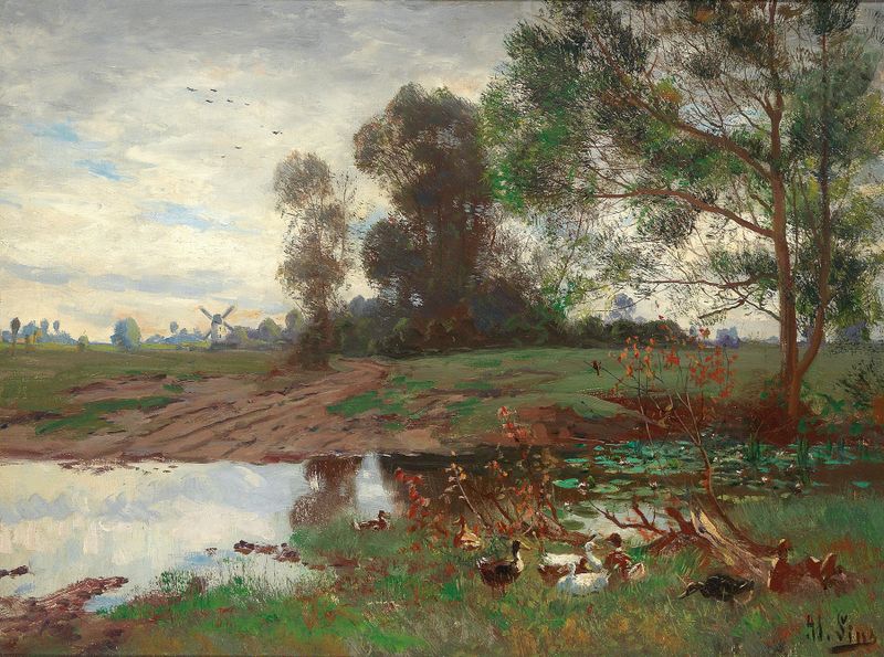 Oil painting by Adolf Lins depicting ducks on a tranquil pond with reflections.