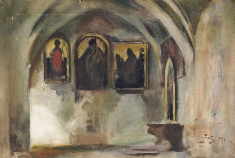 Cloister of the Franciscan Church in Krakow, oil painting by Julian Falat