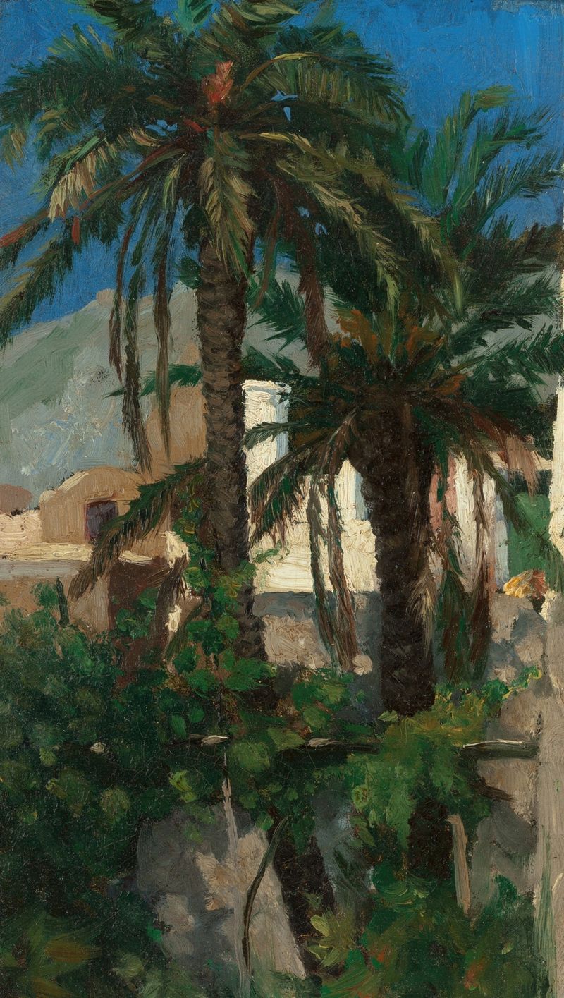 Impressionism oil painting by Francis Davis Millet depicting palm trees against a blue sky