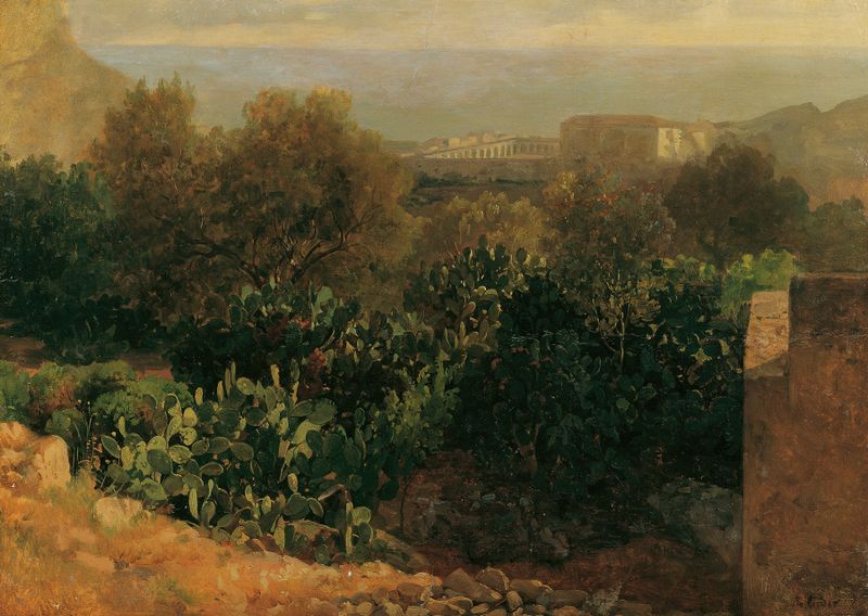 Südliche Landschaft mit Kakteen de Thomas Ender, óleo sobre tela representando cactos sob um céu claro.