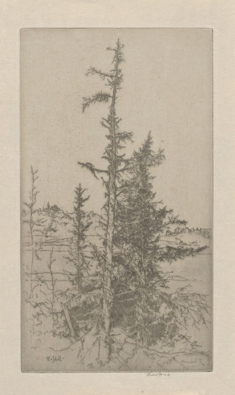Acuarela de Ernest Haskell que representa un paisaje brumoso con árboles y un horizonte difuso.