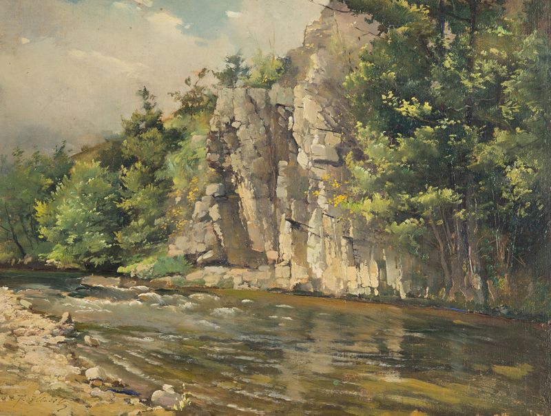 Landscape featuring rugged rocks and river, oil painting by František Hladík