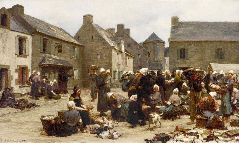 Genre scene depicting a market with women and produce, oil painting by Léon Augustin Lhermitte
