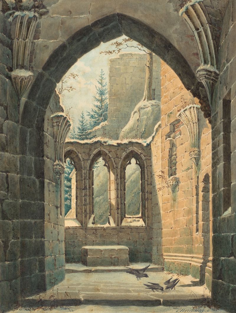 Ruins of the Oybin Monastery in Winter, óleo sobre lienzo de Karl Heinrich Beichling