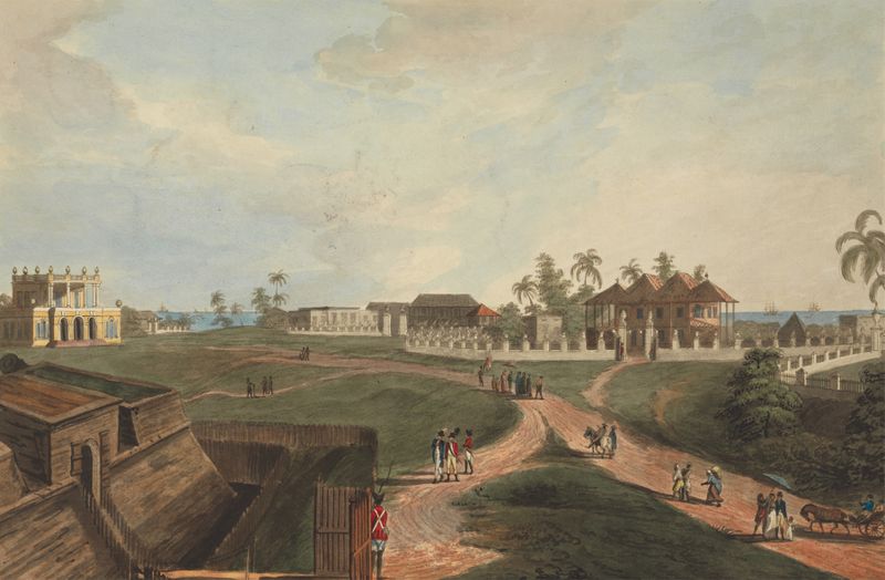Architecture of Government House & Council House, Fort Marlborough, oil painting by Joseph Constantine Stadler, 1799