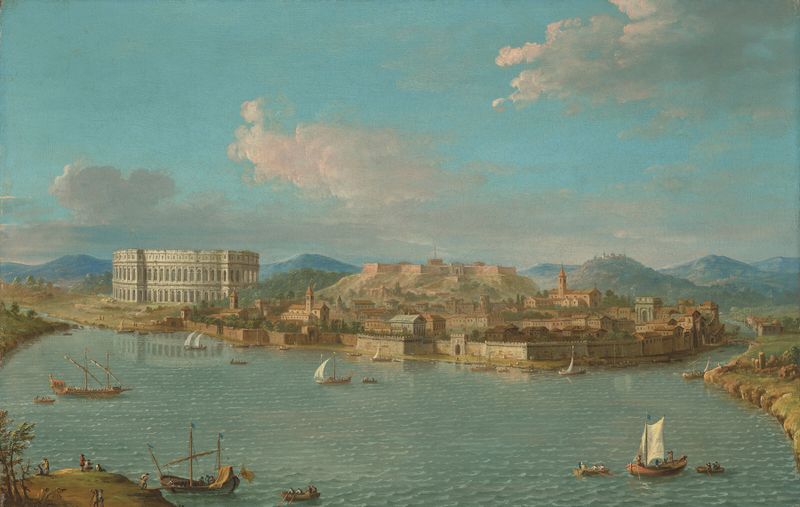 Pula, with the Pula Arena by Antonio Joli, oil on canvas depicting an amphitheater in a vibrant landscape.