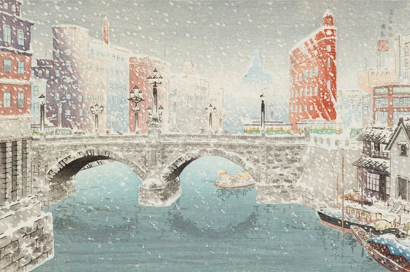 Yuki no nihonbashi de Bannai Kokan, tinta sobre papel, representando el puente Nihonbashi cubierto de nieve.