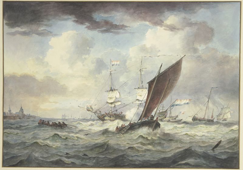 Cena marinha com navios e uma cidade, de Leendert de Koningh, pintura a óleo
