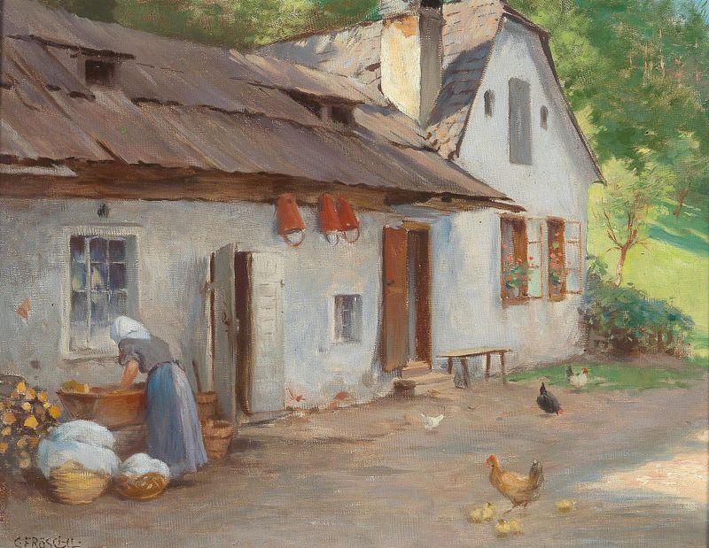 Escena interior con sábanas ondeando bajo la luz del sol de Carl Fröschl